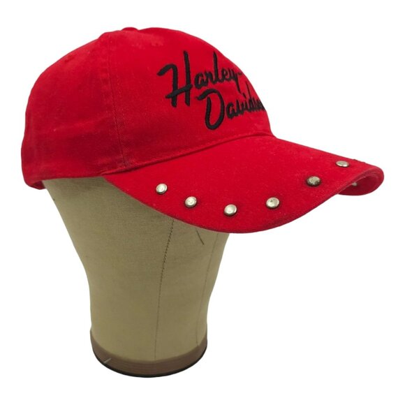 Harley Davidson Embroidered Red Adjustable Tuck Strap Cap Trucker Biker Hat Rive - Picture 3 of 14